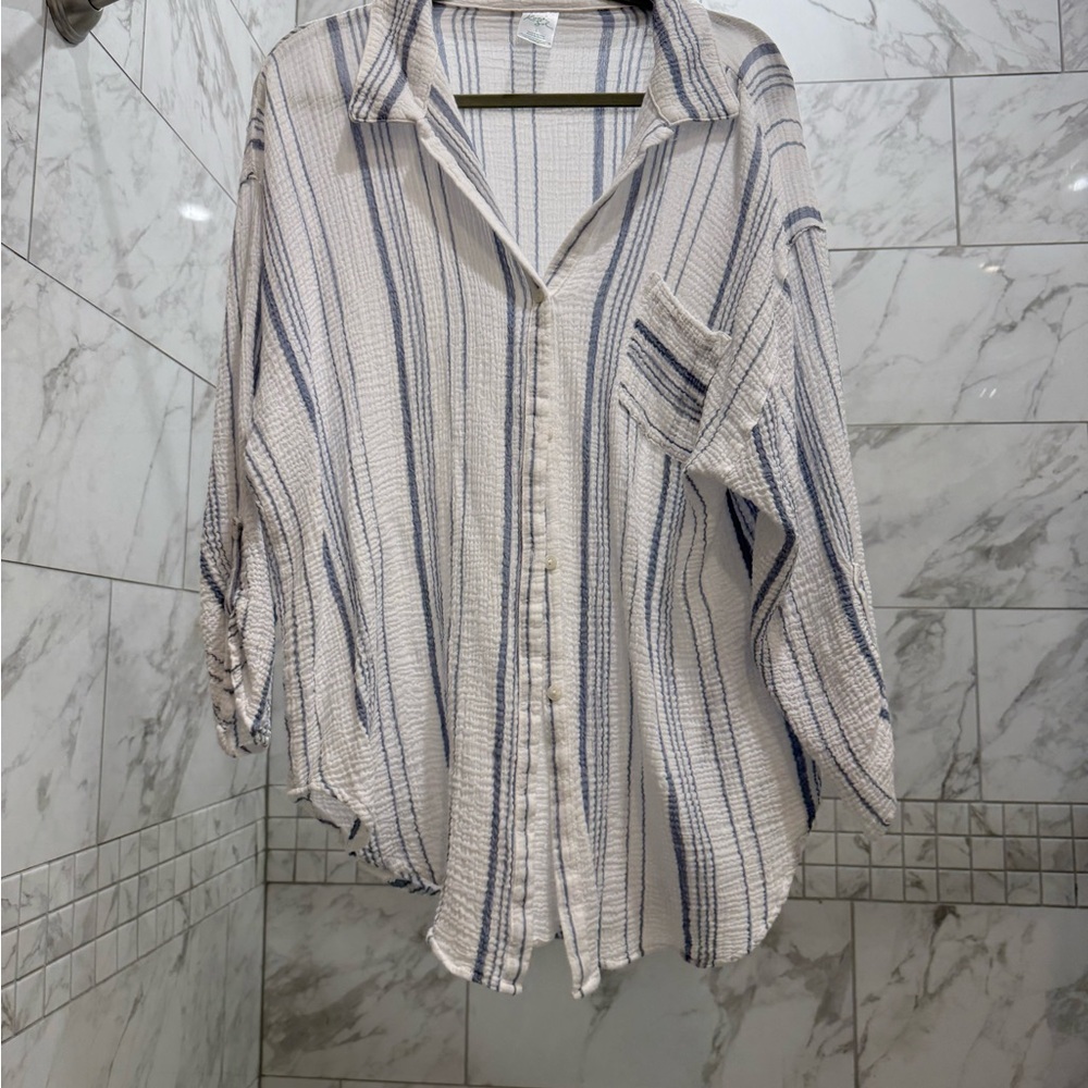 Kona Sol Navy and White Striped Casual Shirt
